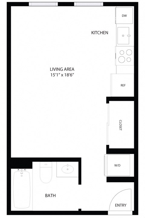 A black and white floor plan of a small apartment.